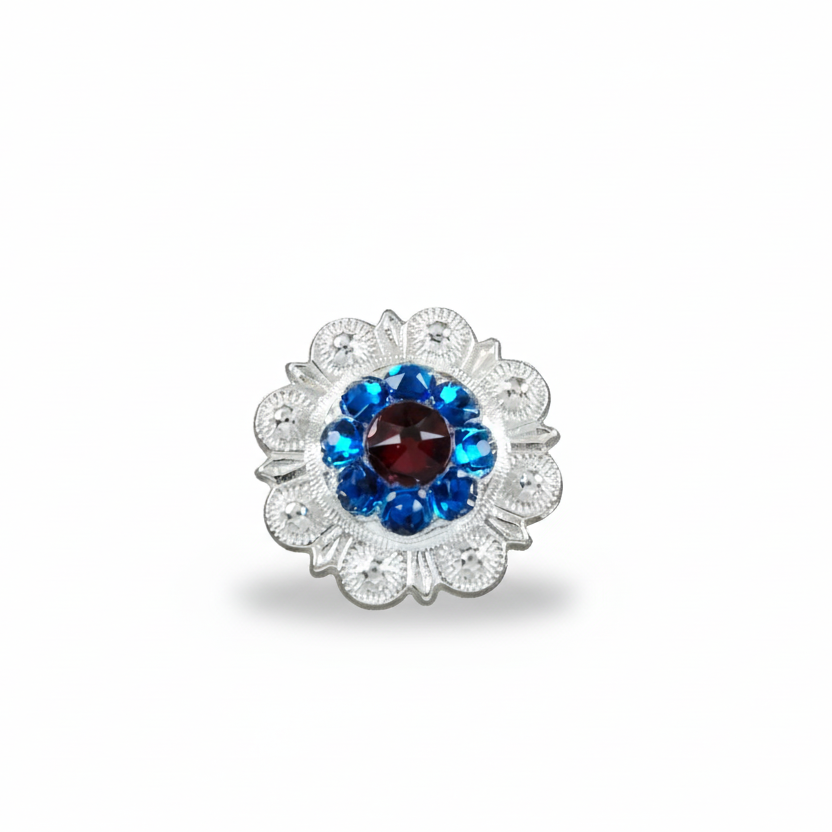 Bright Silver Red - White - Blue Crystal Conchos | Sizes 1"- 3" | Buckles | Saddle Set | Leather Rosettes | Slide — view 3