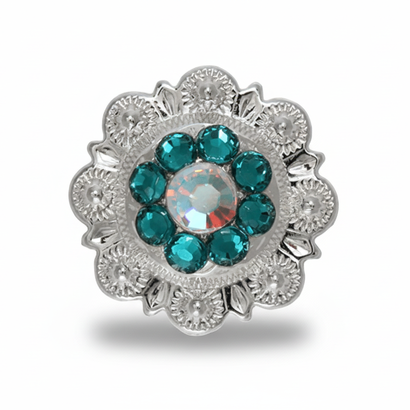 Bright Silver Teal - AB Crystal Conchos | Sizes 1"- 3" | Buckles | Saddle Set | Leather Rosettes | Slide — view 3
