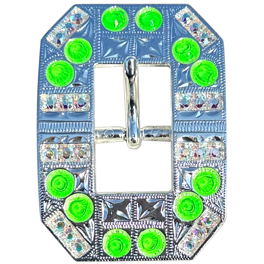 Neon Green and AB Bright Silver European Crystal Square Cart Buckle