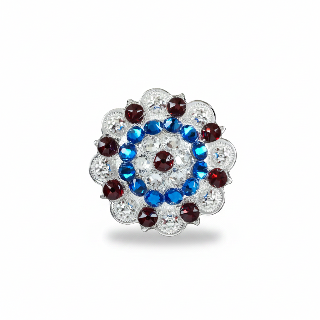Bright Silver Red - White - Blue Crystal Conchos | Sizes 1"- 3" | Buckles | Saddle Set | Leather Rosettes | Slide — view 4
