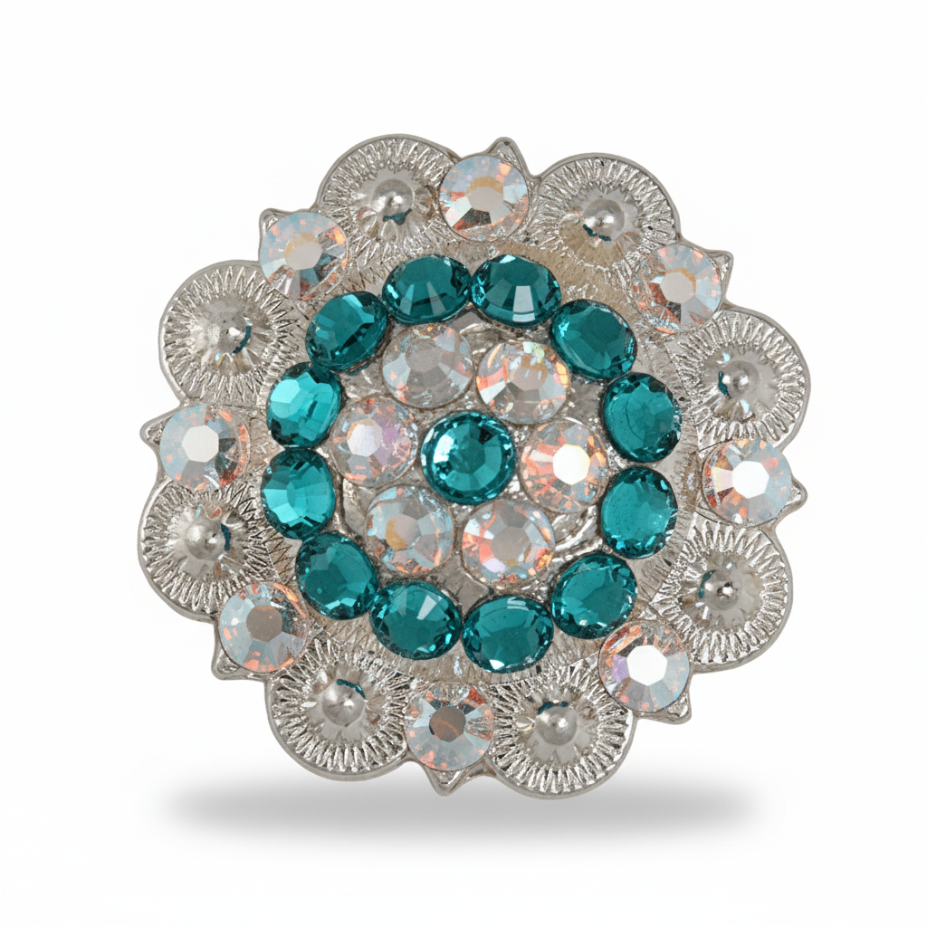 Bright Silver Teal - AB Crystal Conchos | Sizes 1"- 3" | Buckles | Saddle Set | Leather Rosettes | Slide — view 4