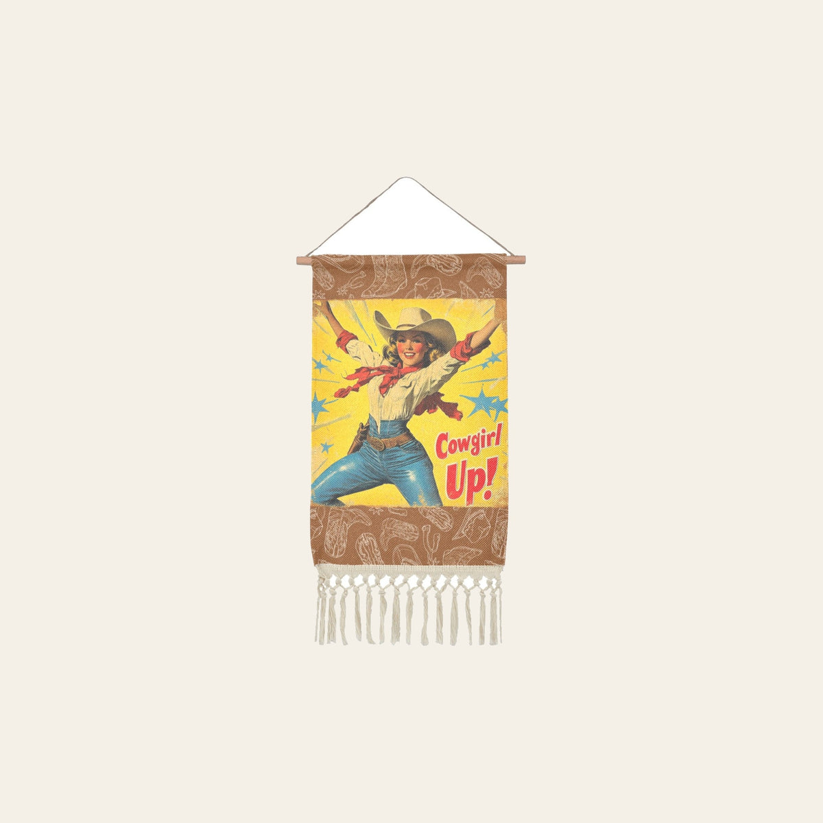 Baha Ranch Cowgirl Up Vintage Western Wall Decor Linen Hanging Poster with Fringe Made in America by Baha Ranch Western Wear