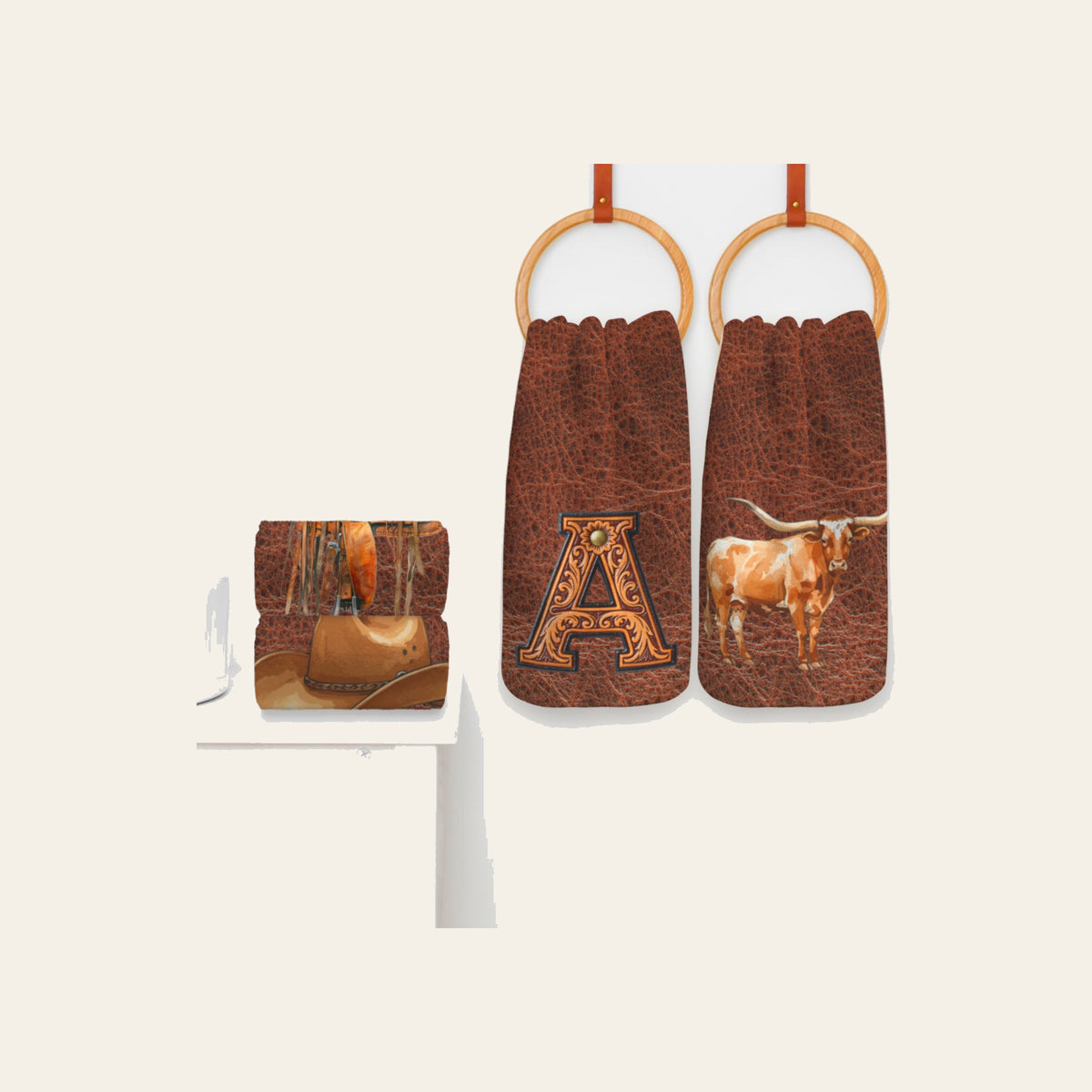 Baha Ranch Monogrammed Initial Western Leather Look Saddle Longhorn Cowboy Cowgirl Kitchen Dish Towels Made in America by...