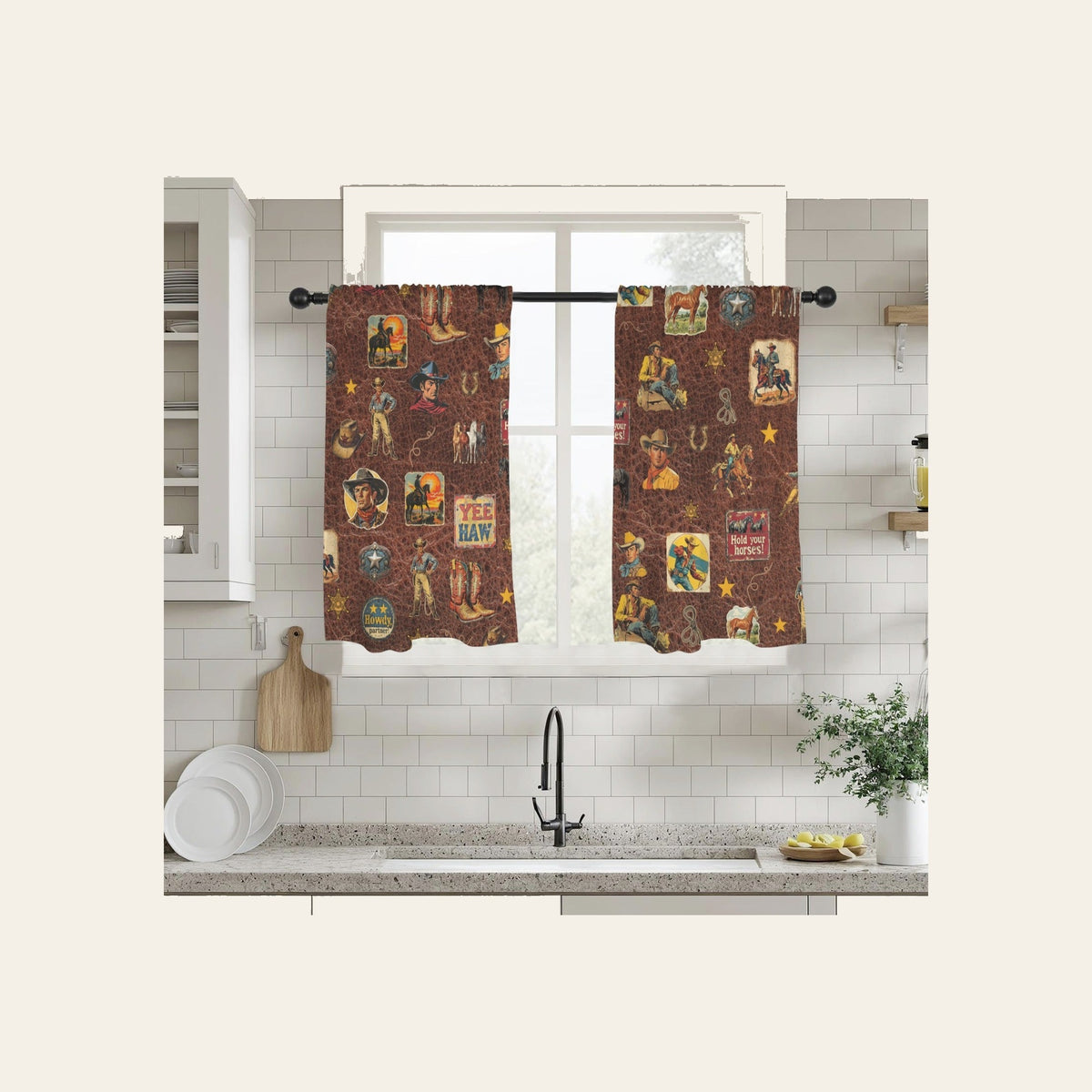 Baha Ranch Vintage Cowboy Collage Western Curtains 28" x 40" - Brown - Made in America — view 2