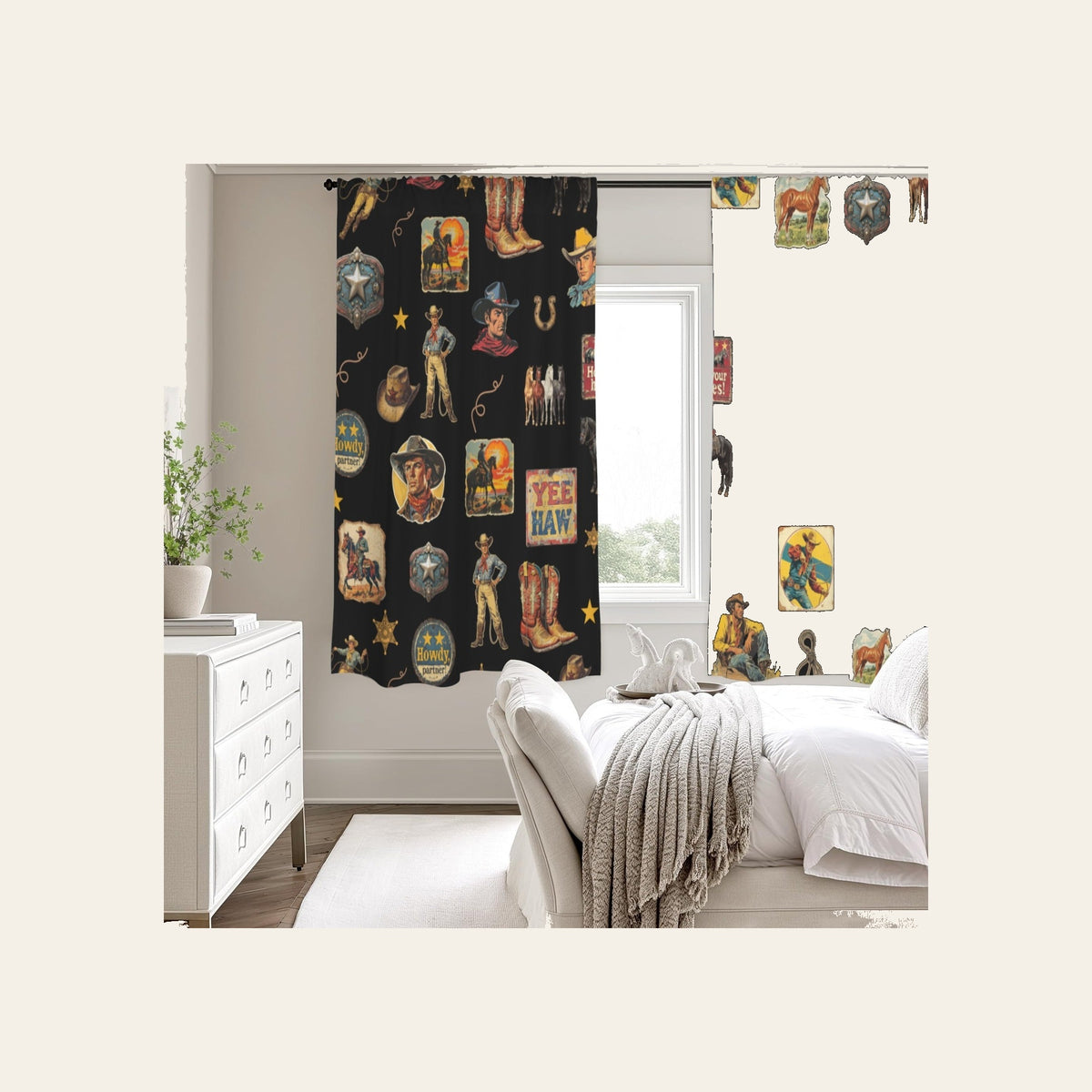 Baha Ranch Vintage Cowboy Collage Western Curtains 52" x 63" - Black - Made in America — view 2