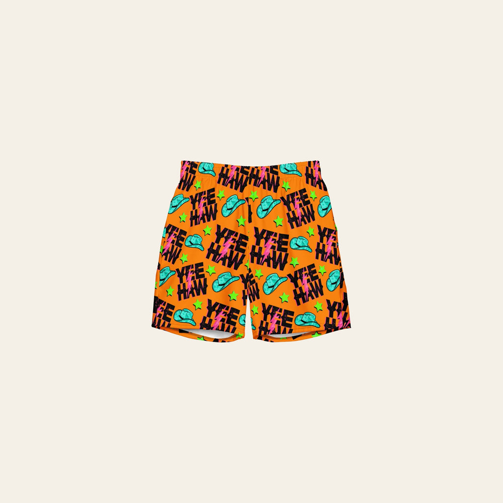 Baha Ranch Yeehaw Orange Men's Swim Trunks on a warm cream background