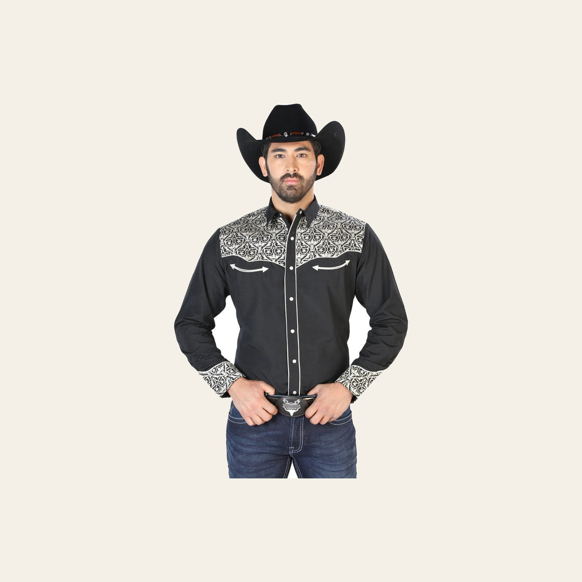 El Señor de los Cielos Embroidery Shirt Black/Beige 126704 on a warm cream background