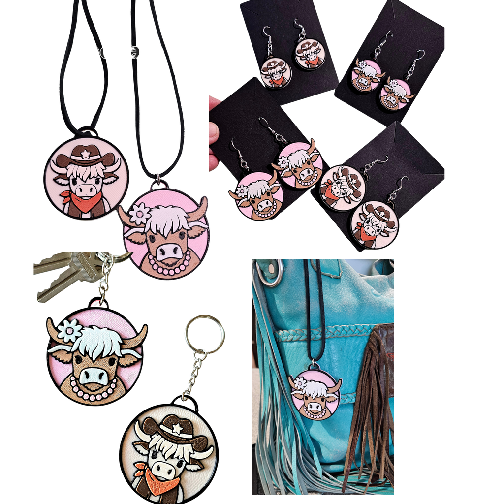 3d Western Cowgirl Cowboy Highland Cow Theme - Necklace, Purse Charm, Earrings, Keychain, Magnet by Baha Ranch Western...