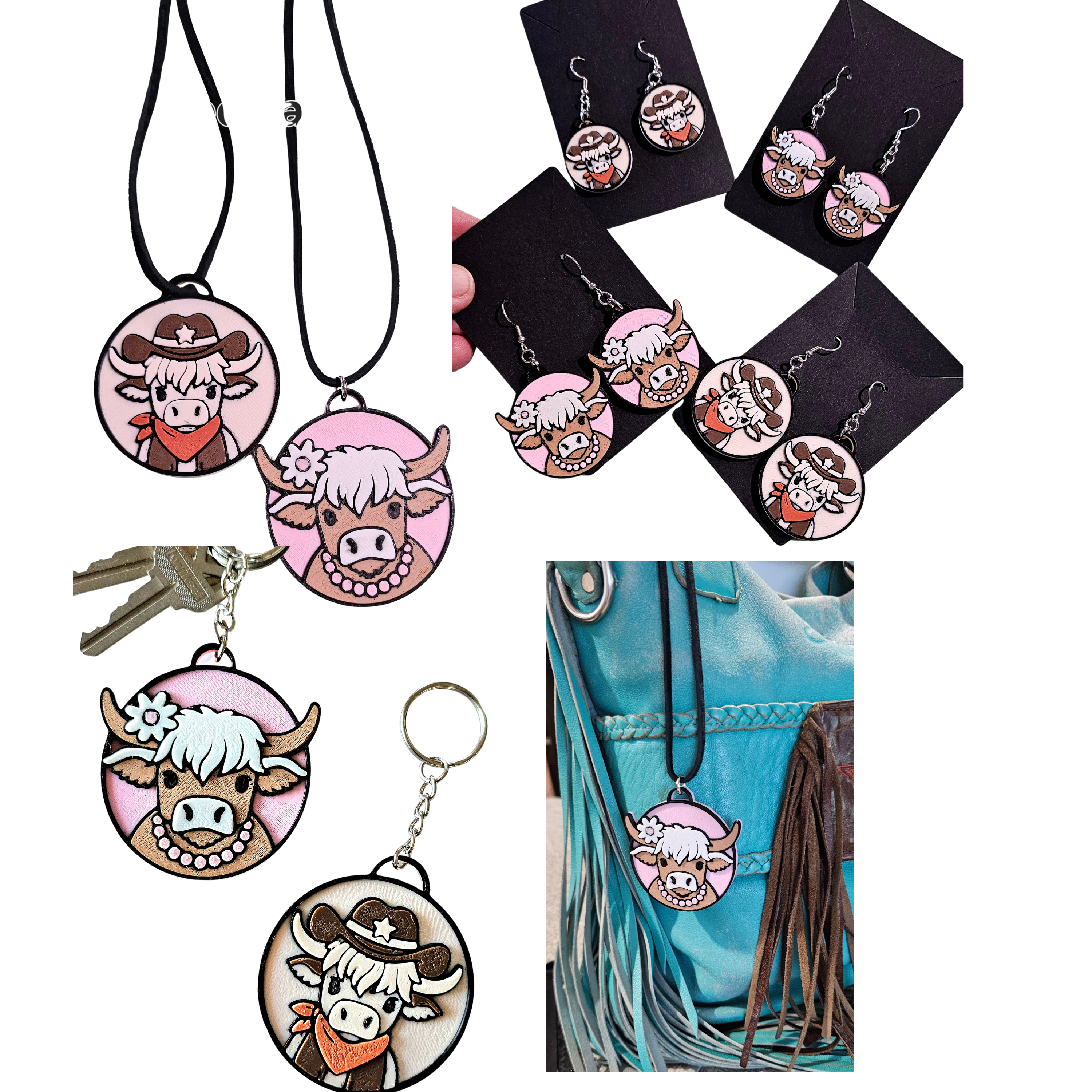 3d Western Cowgirl Cowboy Highland Cow Theme - Necklace, Purse Charm, Earrings, Keychain, Magnet by Baha Ranch Western...