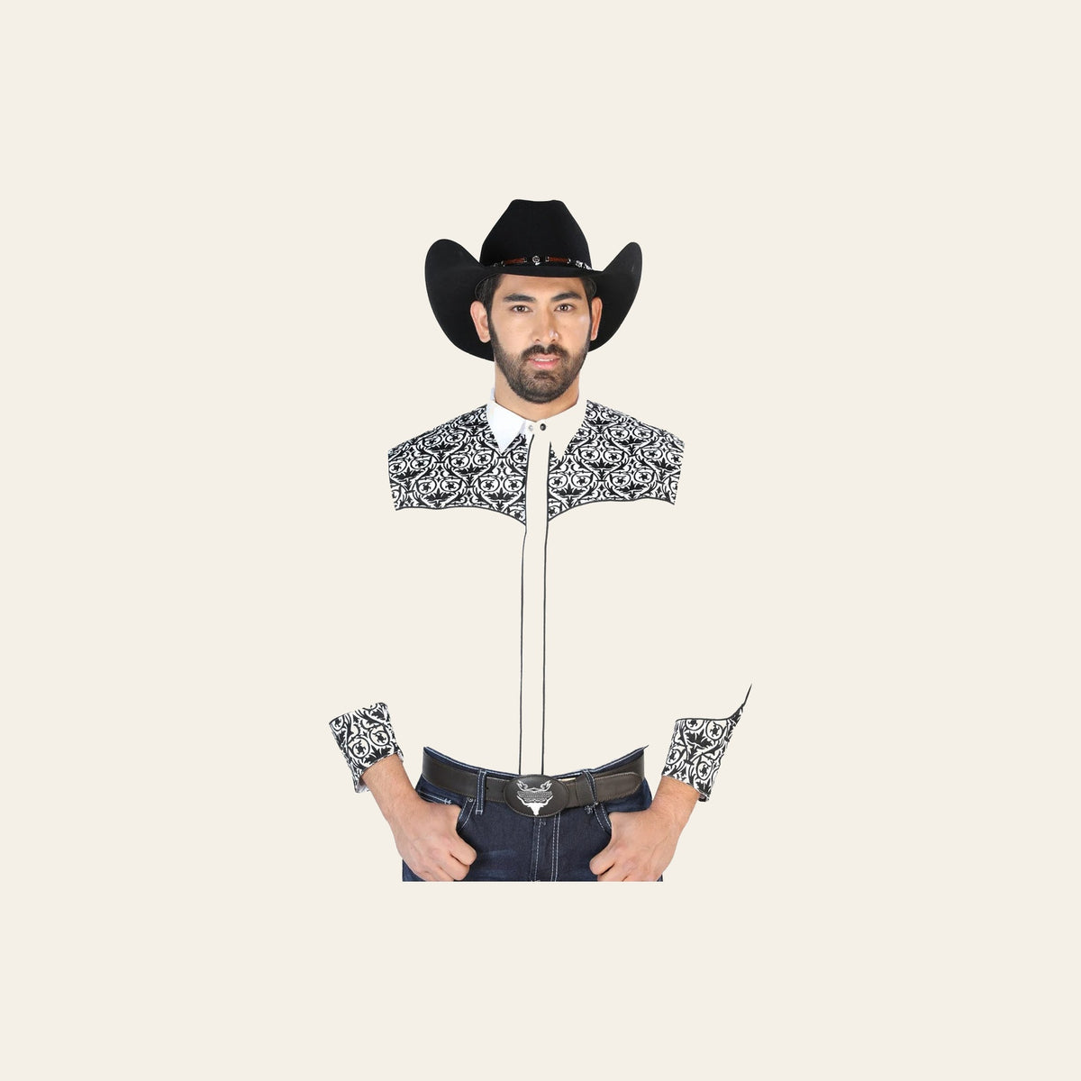 El Señor de los Cielos Embroidery Shirt White/Black 126705 on a warm cream background
