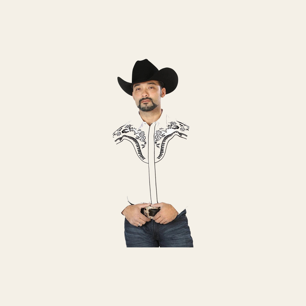 El Señor de los Cielos Embroidery Shirt White/Black 126692 on a warm cream background