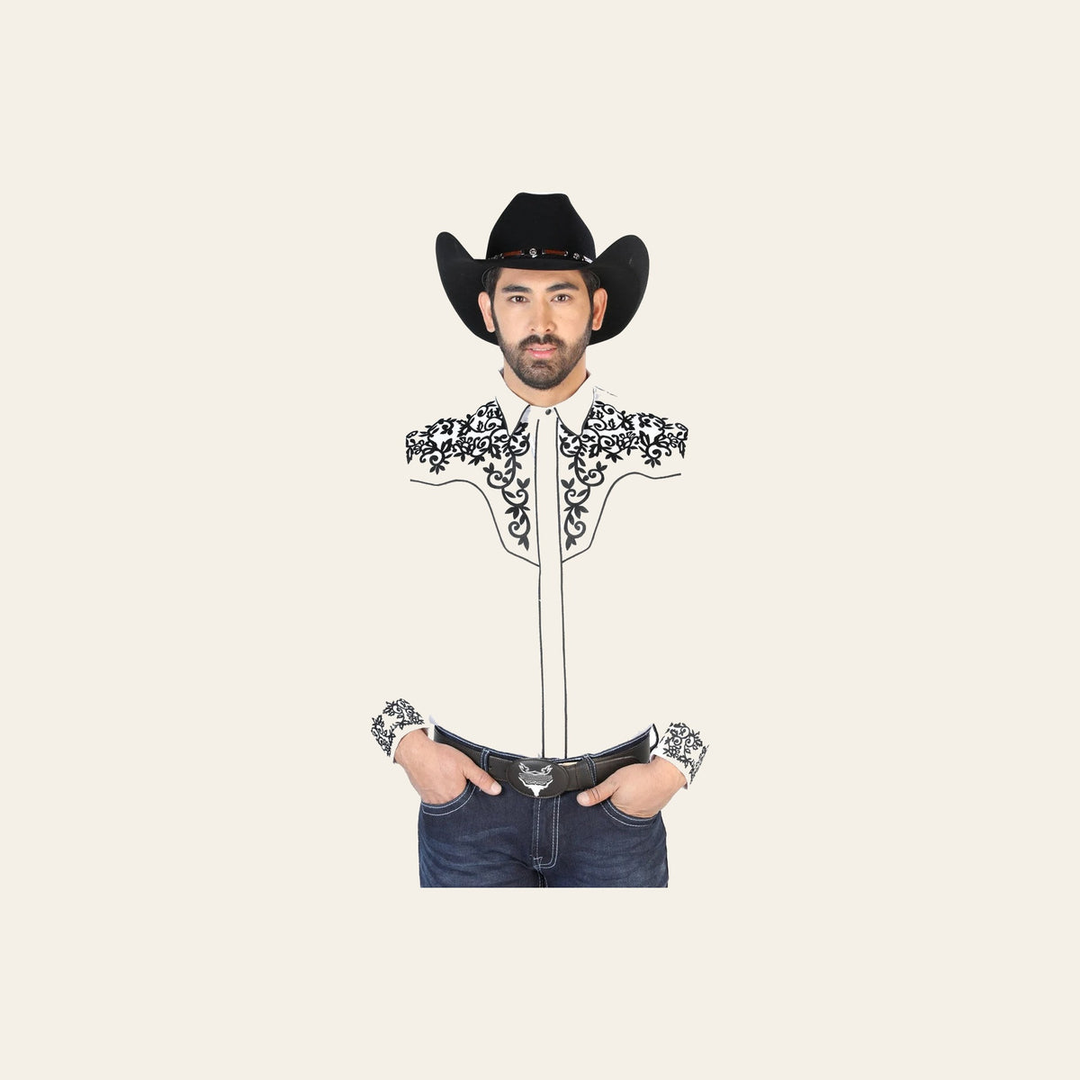 El Señor de los Cielos Embroidery Shirt White/Black 126702 on a warm cream background