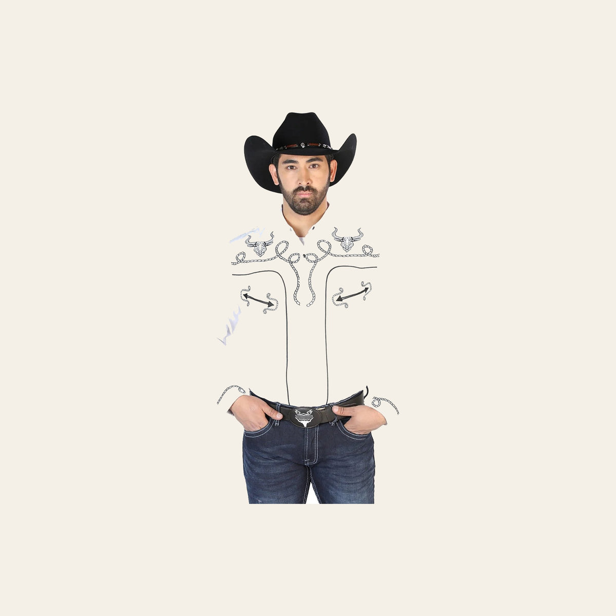 El Señor de los Cielos Embroidery Shirt White/Black 126712 on a warm cream background