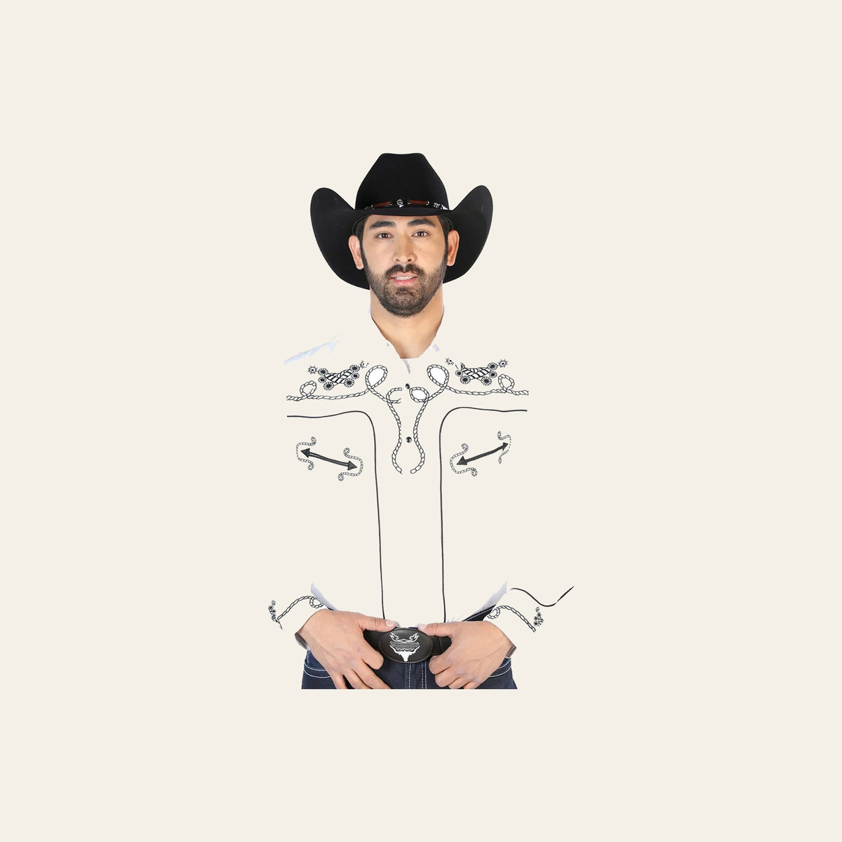 El Señor de los Cielos Embroidery Shirt White/Black 126718 on a warm cream background