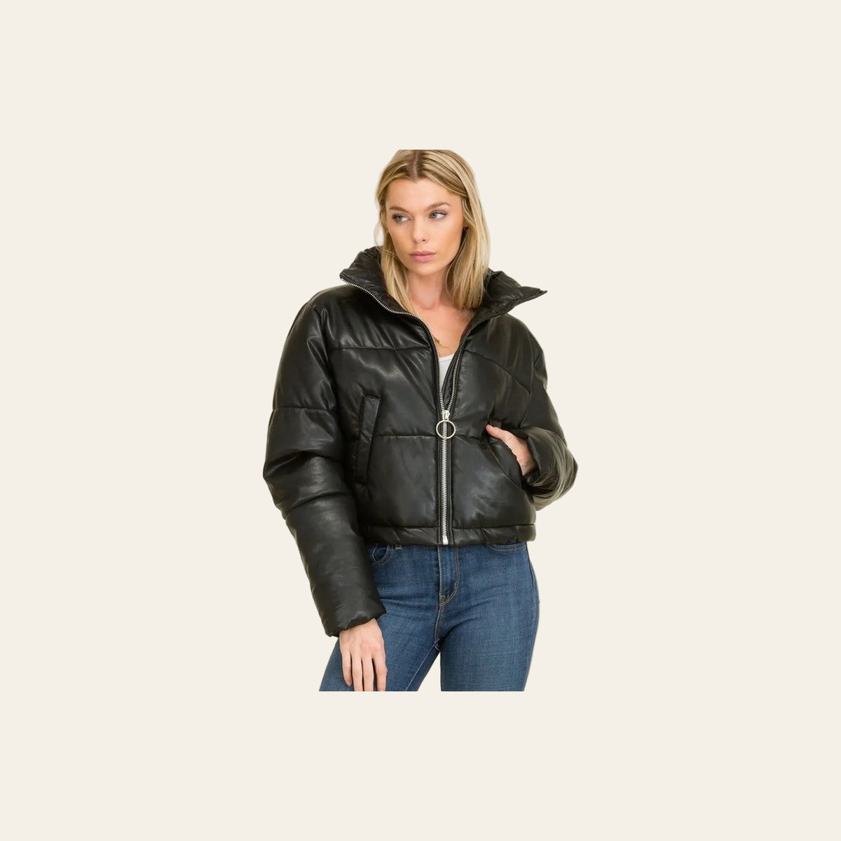 Black Faux Leather Cropped Puffer Jacket on a warm cream background