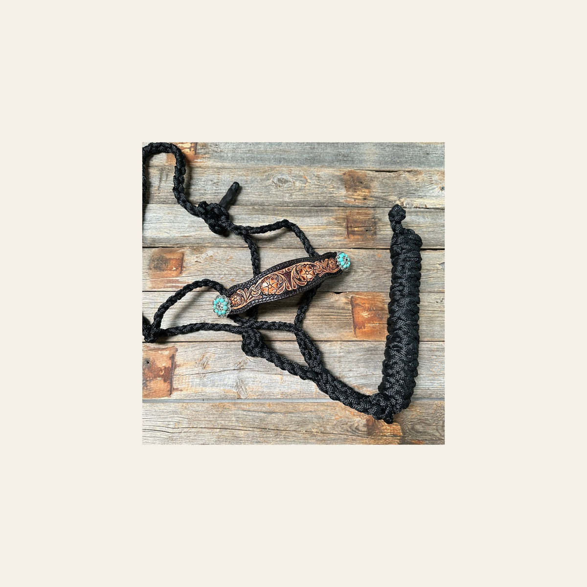 Black Mule Tape Halter -Turquoise & Clear #MT225 on a warm cream background