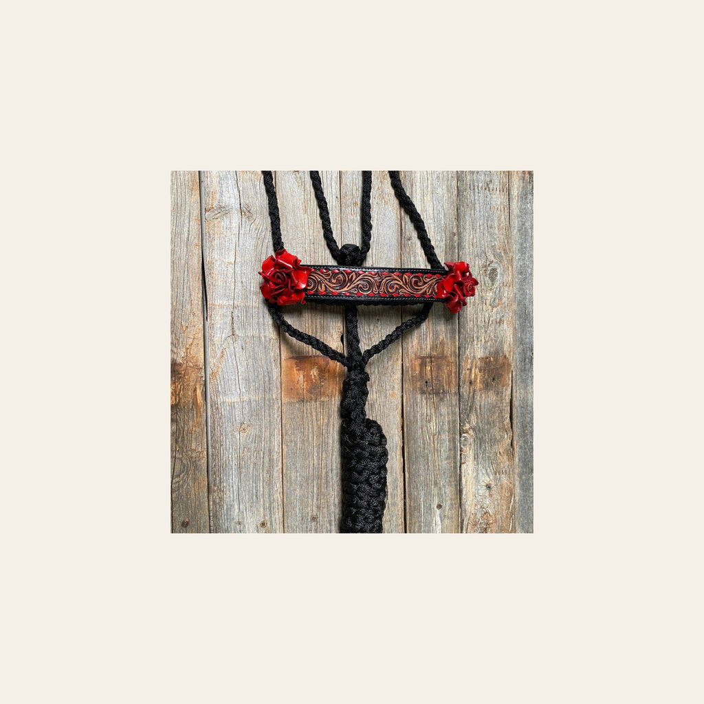 Black Mule Tape Halter - Red Rose #MT200 on a warm cream background