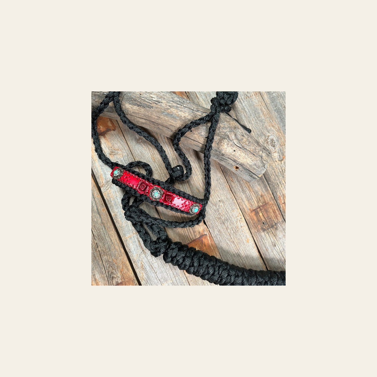 Black Mule Tape Halter - Red Rose and Turquoise #MT220 on a warm cream background