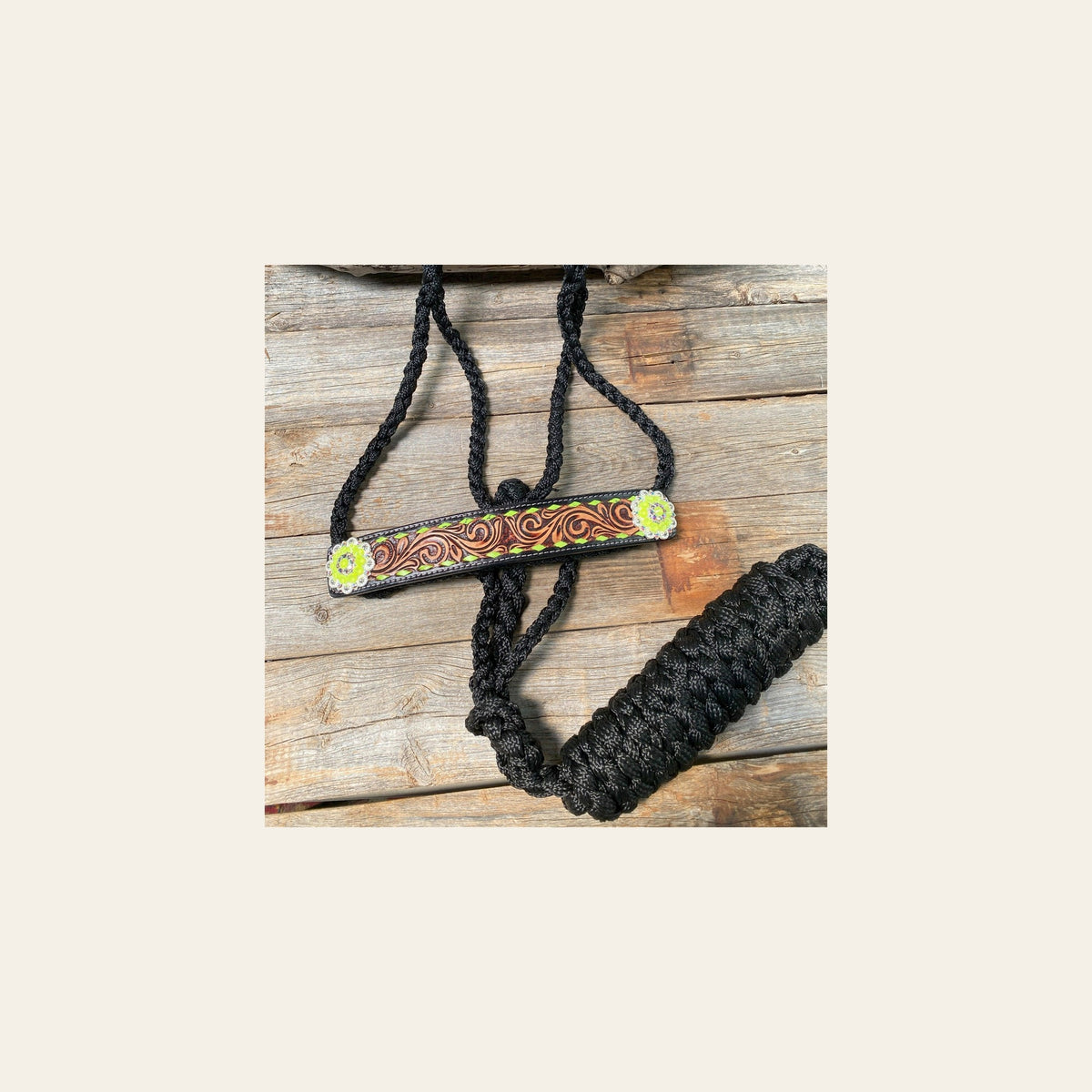 Black Mule Tape Halter - Yellow and Green #MT219 on a warm cream background