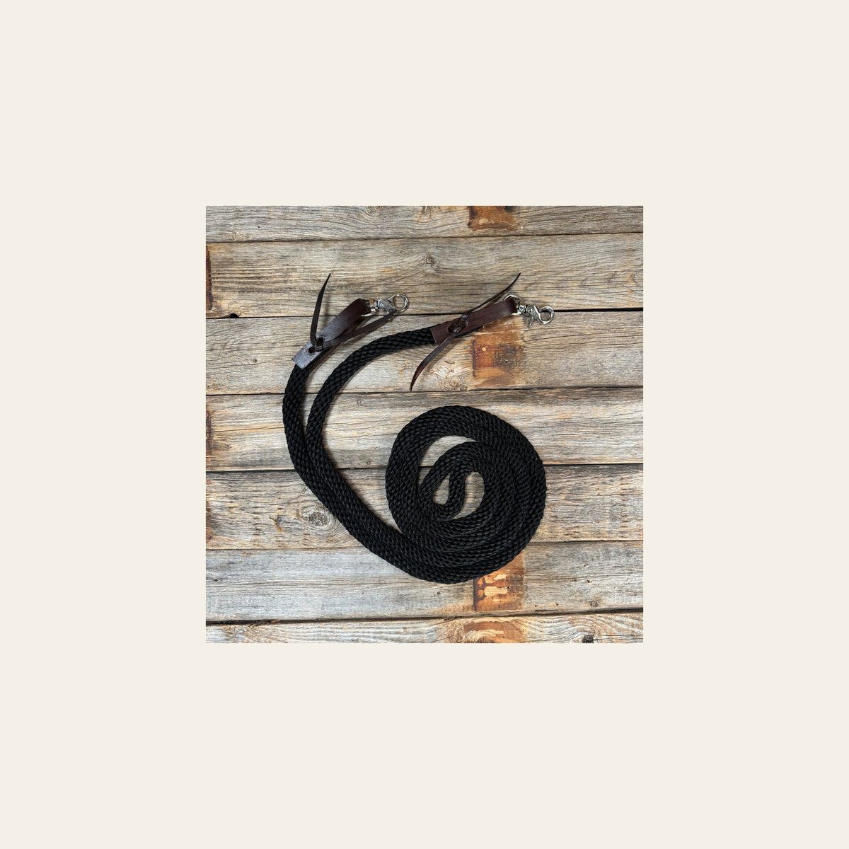 Black Nylon Barrel Racing Reins #NR101 on a warm cream background