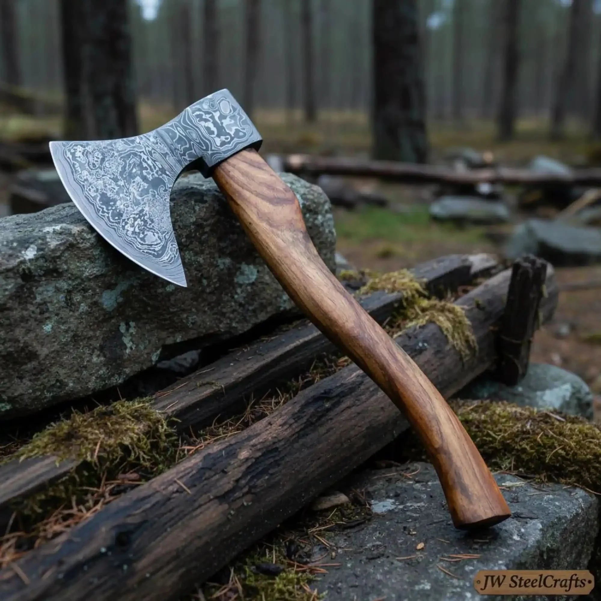 Nordic Damascus Camp Hatchet with Ergonomic Curved Hardwood Handle