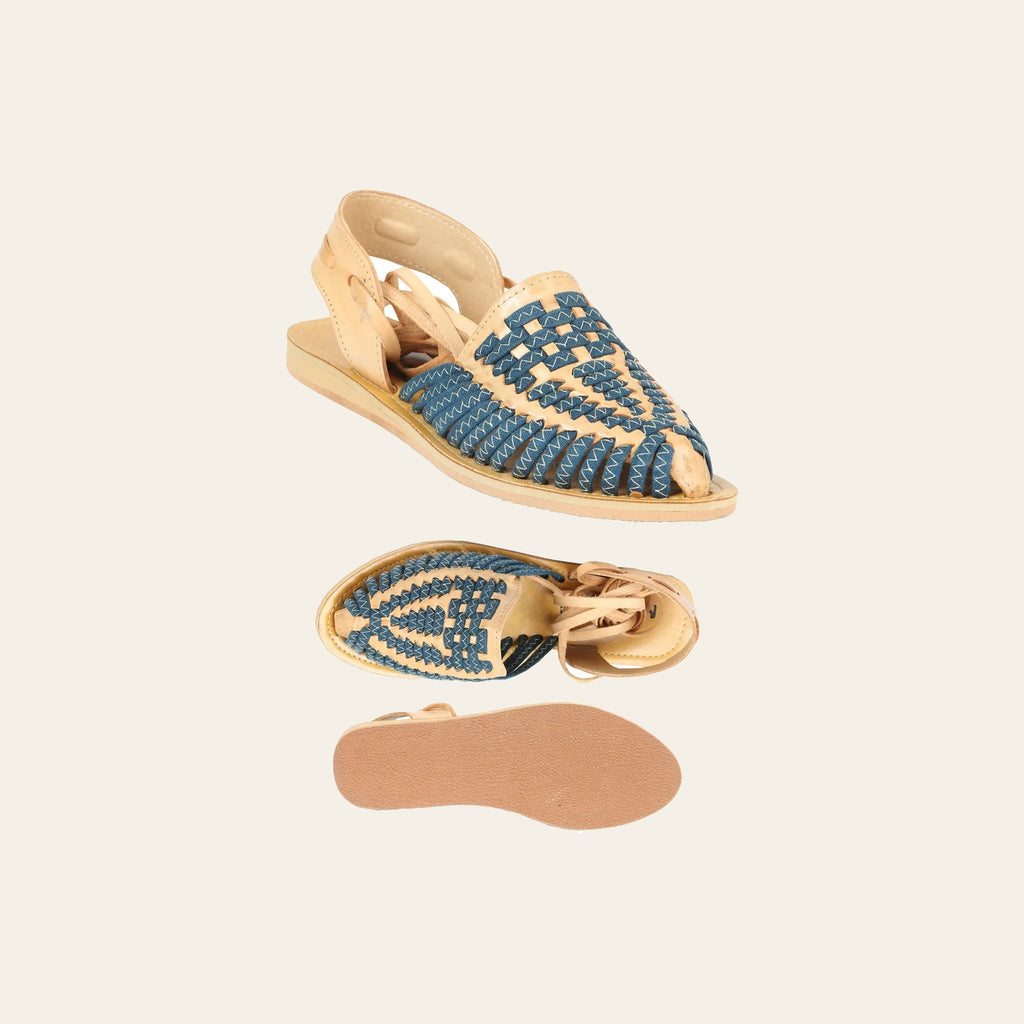 Mexican Artisanal Sandals Leather Tan/Blue 604019 on a warm cream background