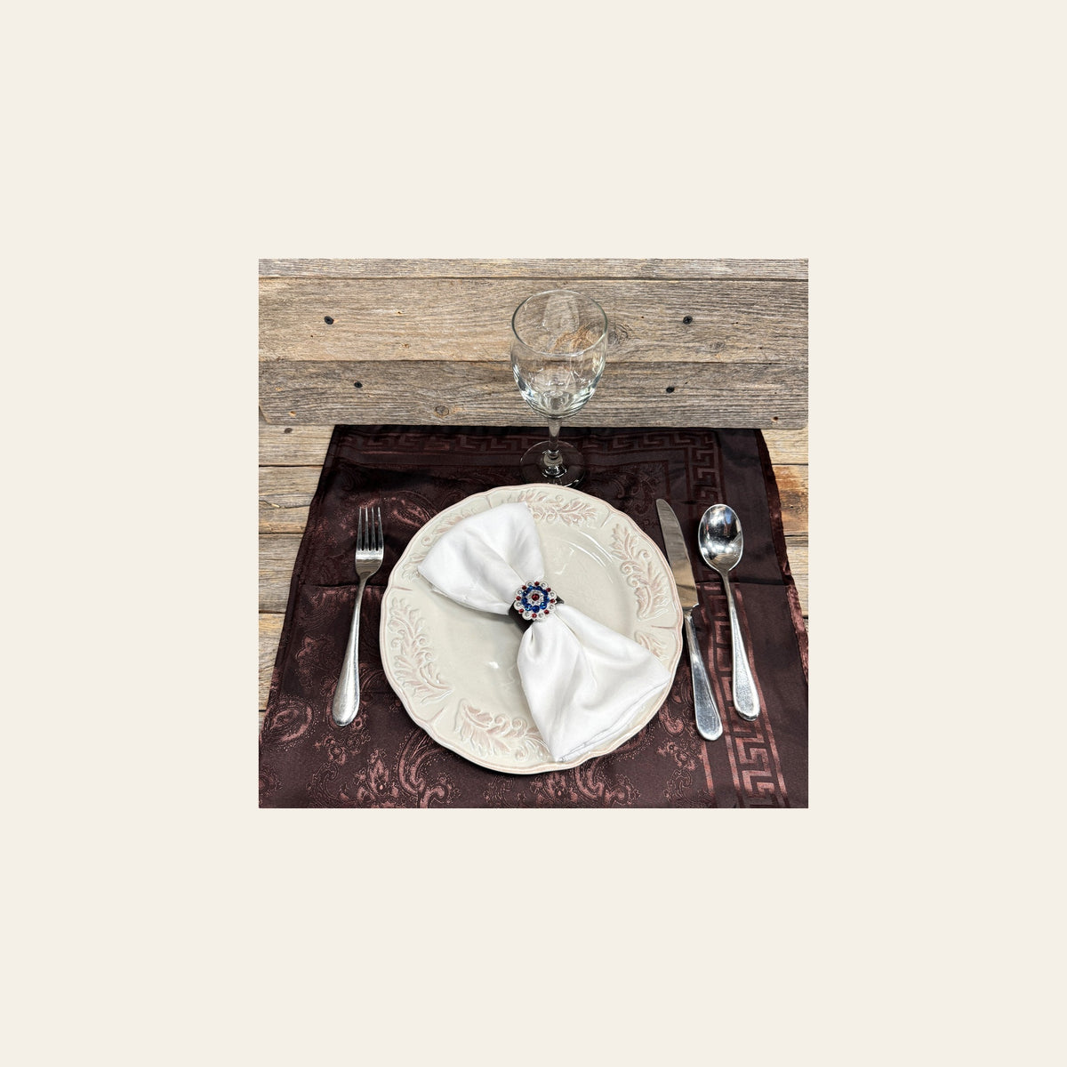 Bright Silver Red/White/Blue Crystal Concho Napkin Ring #CNR103 on a warm cream background