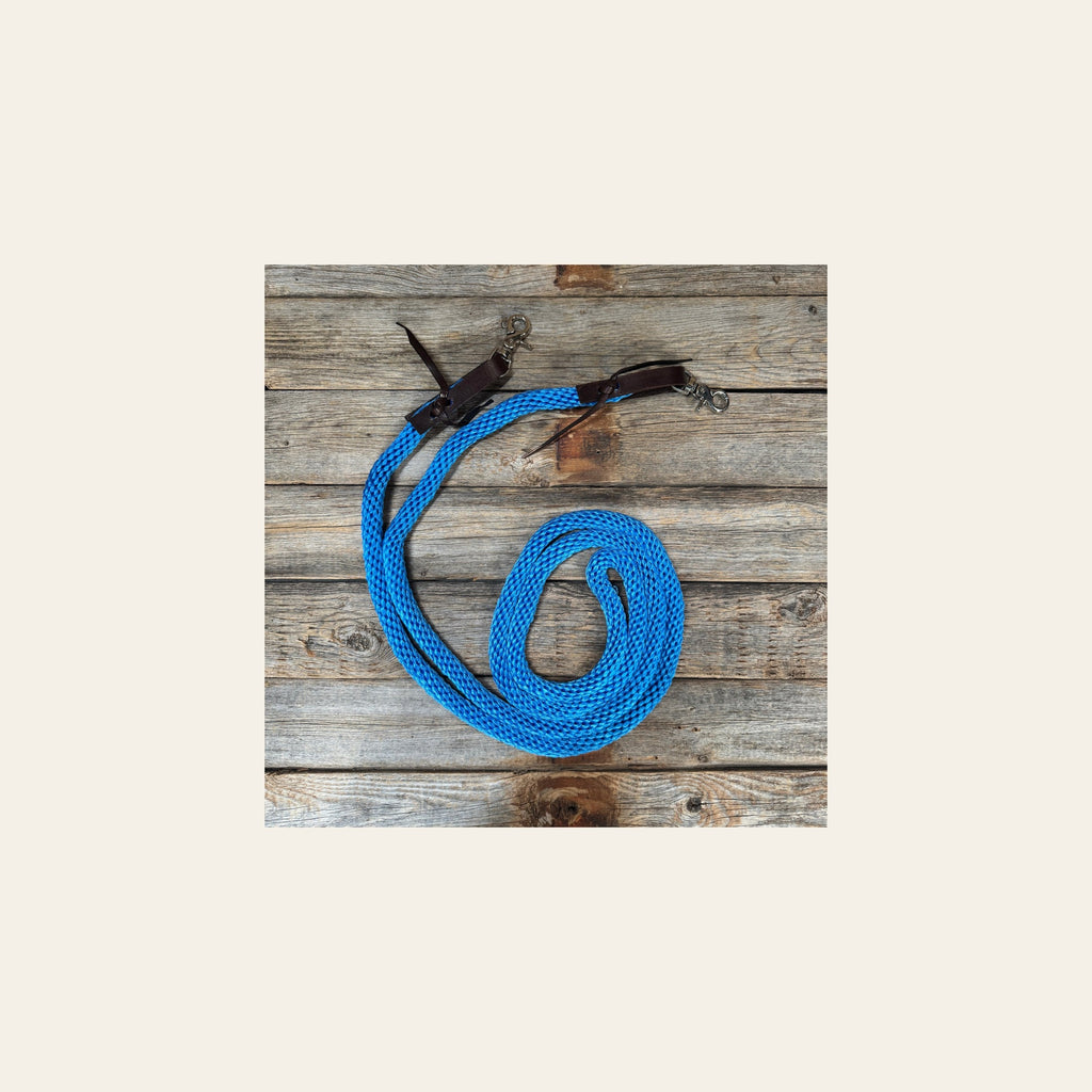 Blue Nylon Barrel Racing Reins #NR103 on a warm cream background