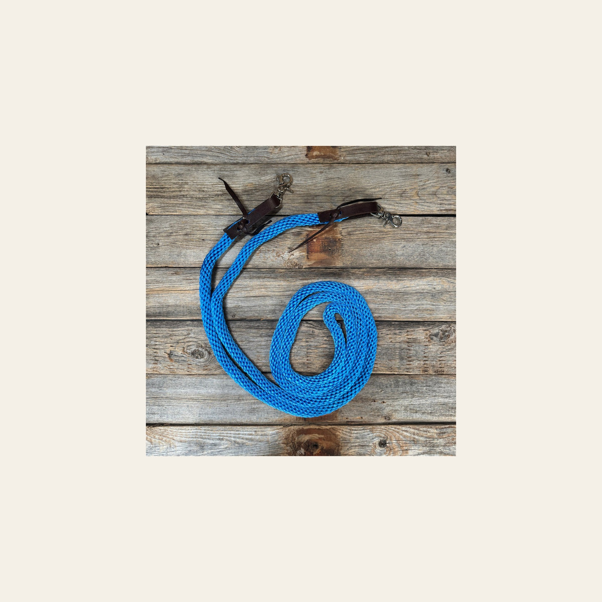 Blue Nylon Barrel Racing Reins #NR103 on a warm cream background