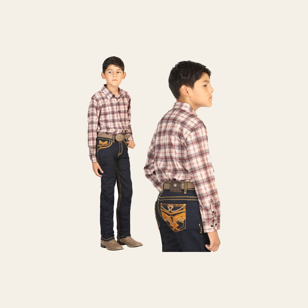 Boys Centenario Premium Bootcut Jeans - Rince Blue Denim 45844 on a warm cream background
