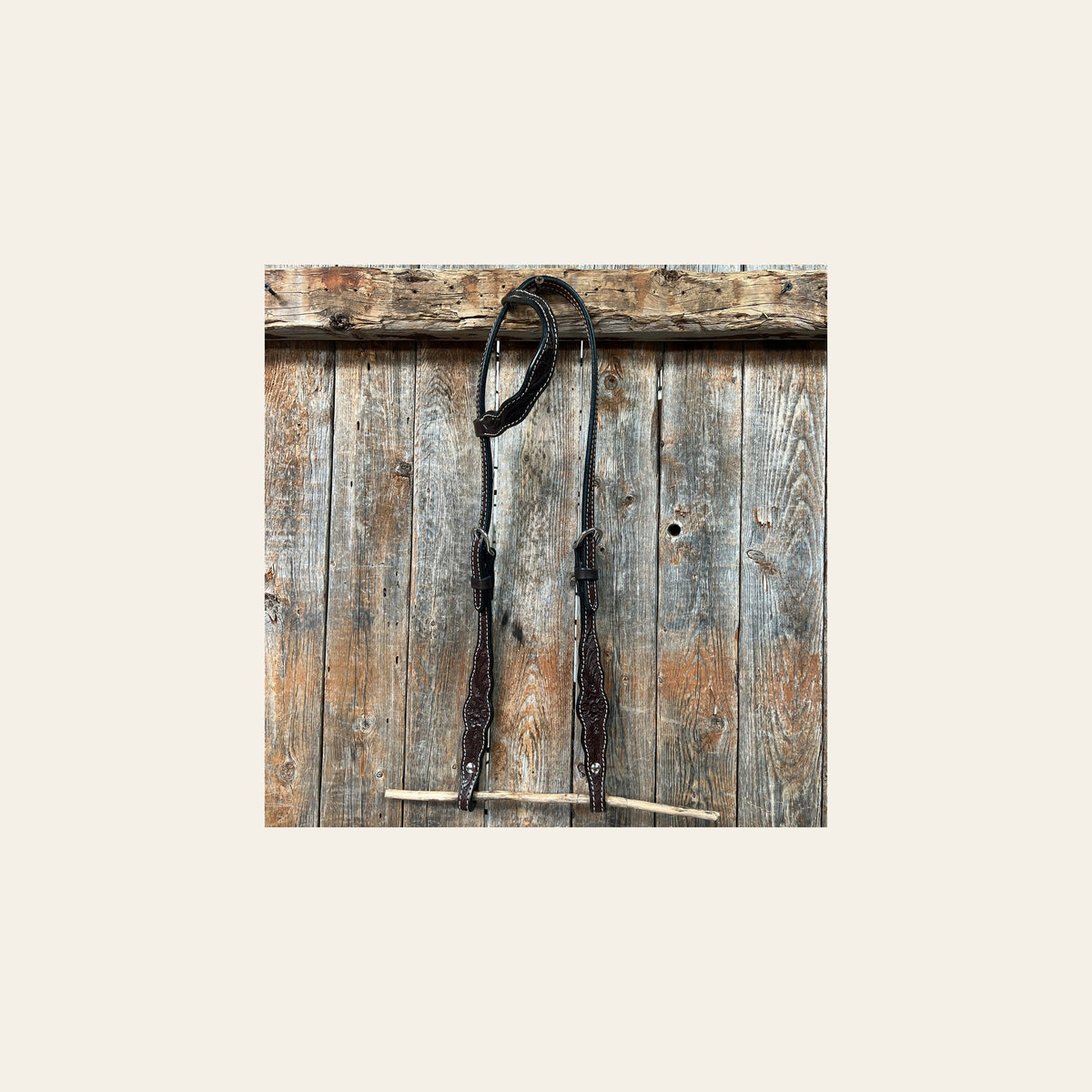 Floral Scalloped Dark Oil One Ear Headstall / Bridle on a warm cream background