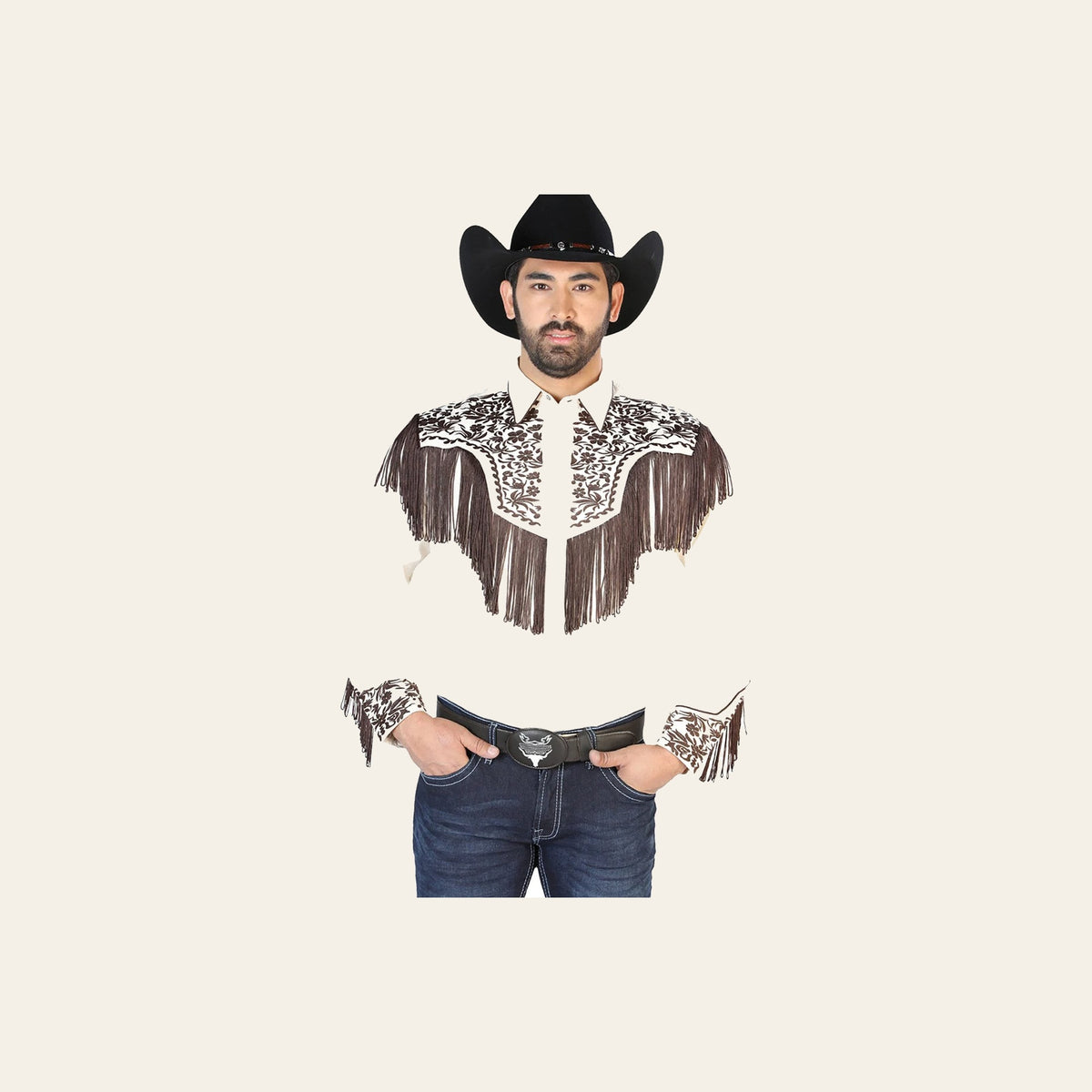 El Señor de los Cielos Embroidery Shirt Beige/Brown 126710 on a warm cream background