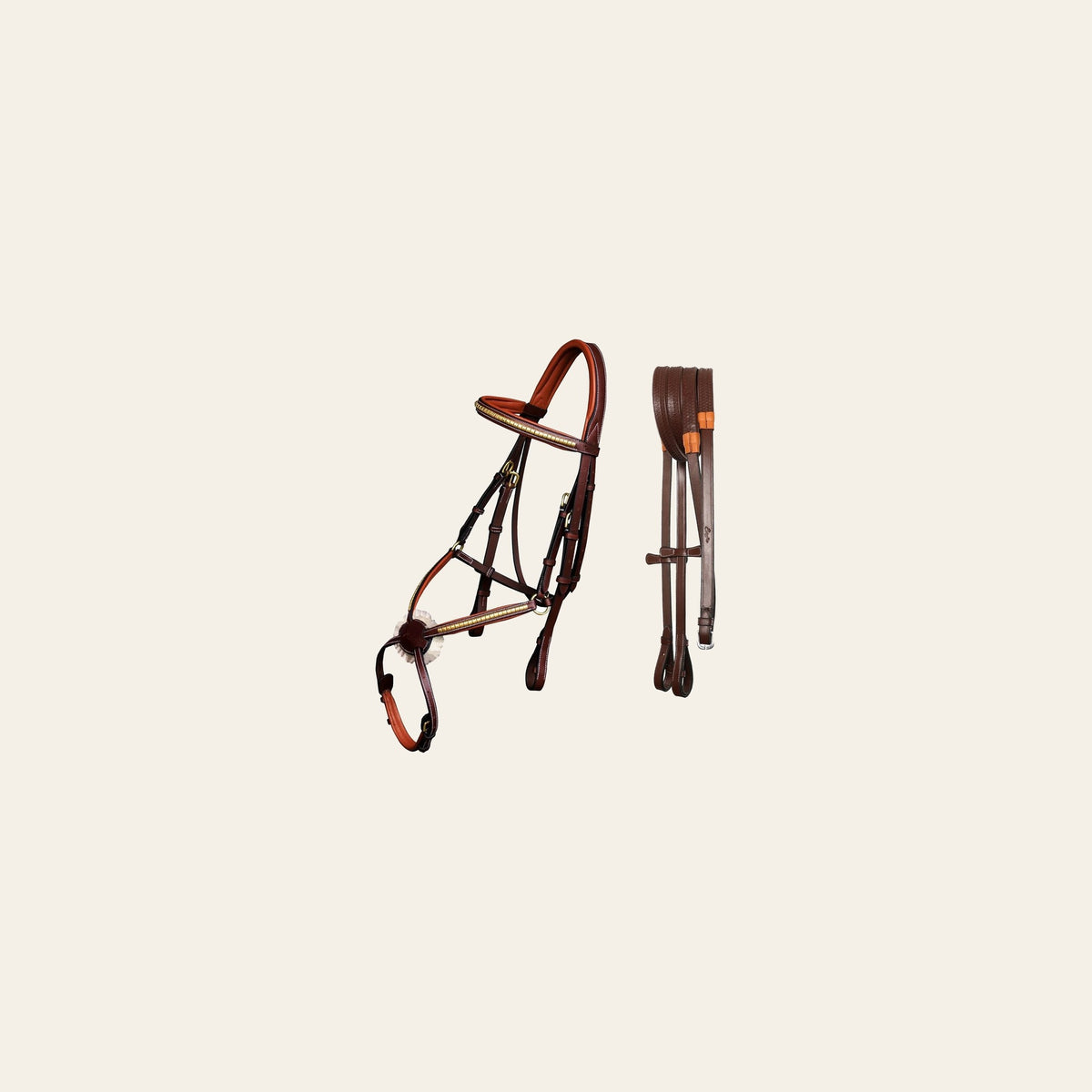 ExionPro SS / Brass Clincher Figure 8 Bridle with Rubber Reins on a warm cream background