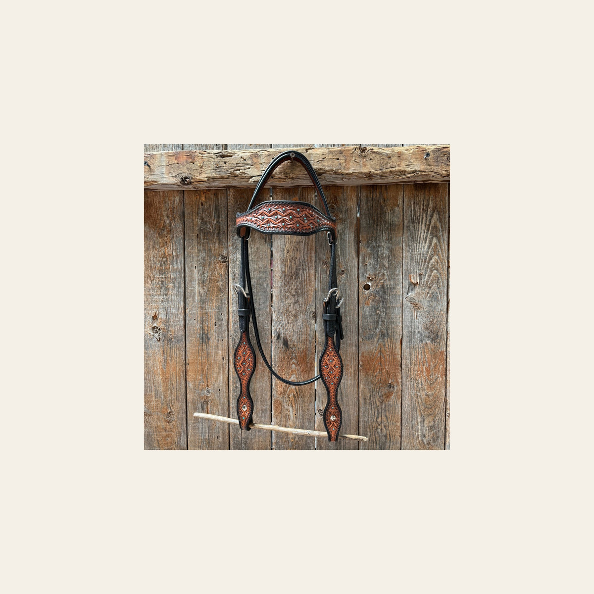 Teal Diamond Scalloped Browband Headstall / Bridle #24374 on a warm cream background