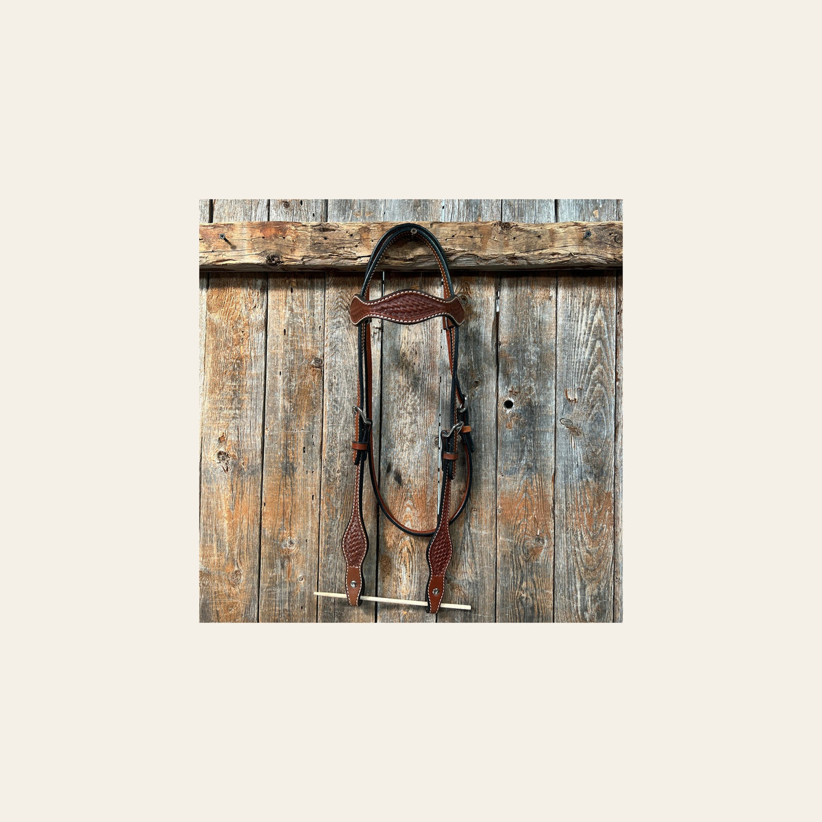 Basketweave Medium Oil Browband Headstall / Bridle on a warm cream background