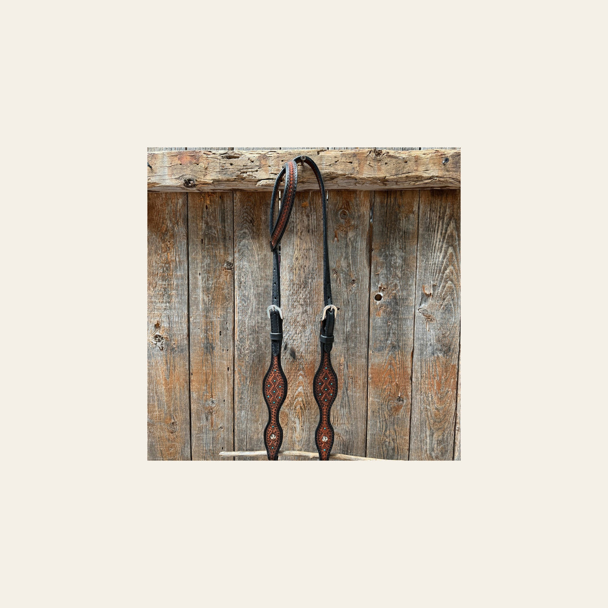 Teal Diamond Scalloped One Ear Headstall / Bridle #24375 on a warm cream background