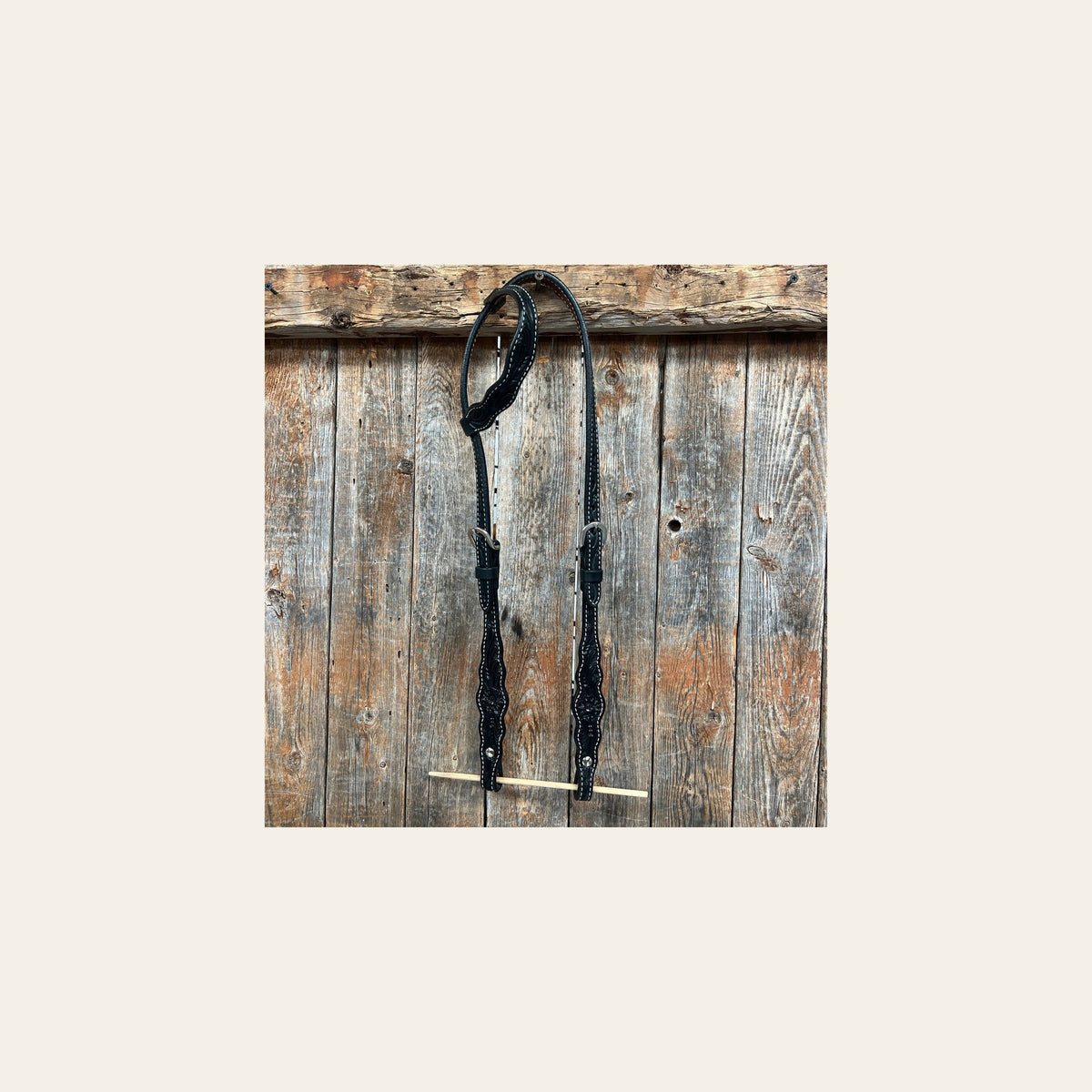 Floral Scalloped Black One Ear Headstall / Bridle on a warm cream background