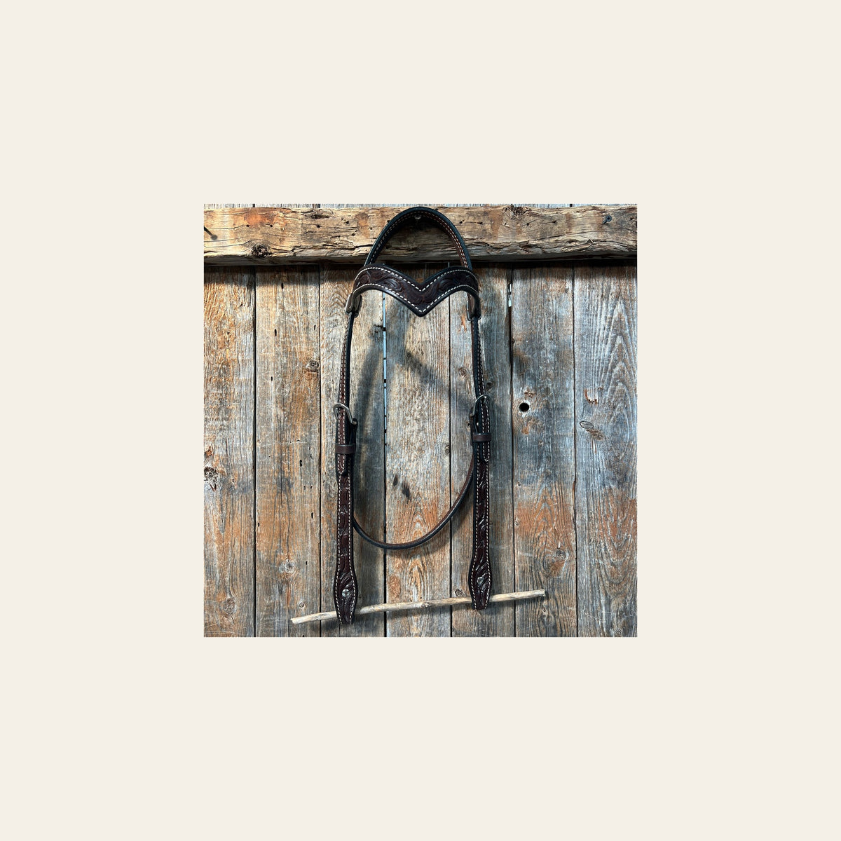 Floral V Browband Dark Oil Headstall / Bridle on a warm cream background