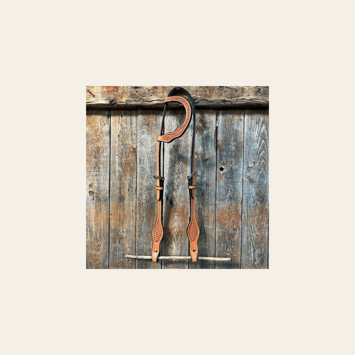 Basketweave Light Oil One Ear Headstall / Bridle on a warm cream background