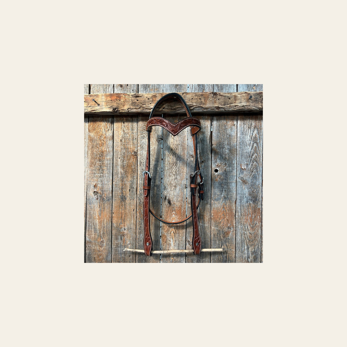 Floral V Browband Medium Oil Headstall / Bridle on a warm cream background
