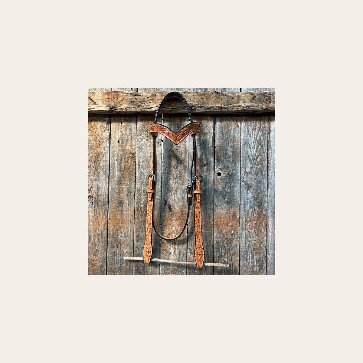 Floral V Browband Light Oil Headstall / Bridle on a warm cream background