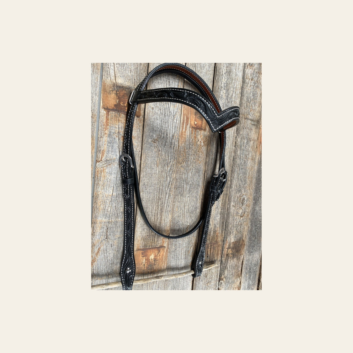 Floral V Browband Black Headstall / Bridle on a warm cream background