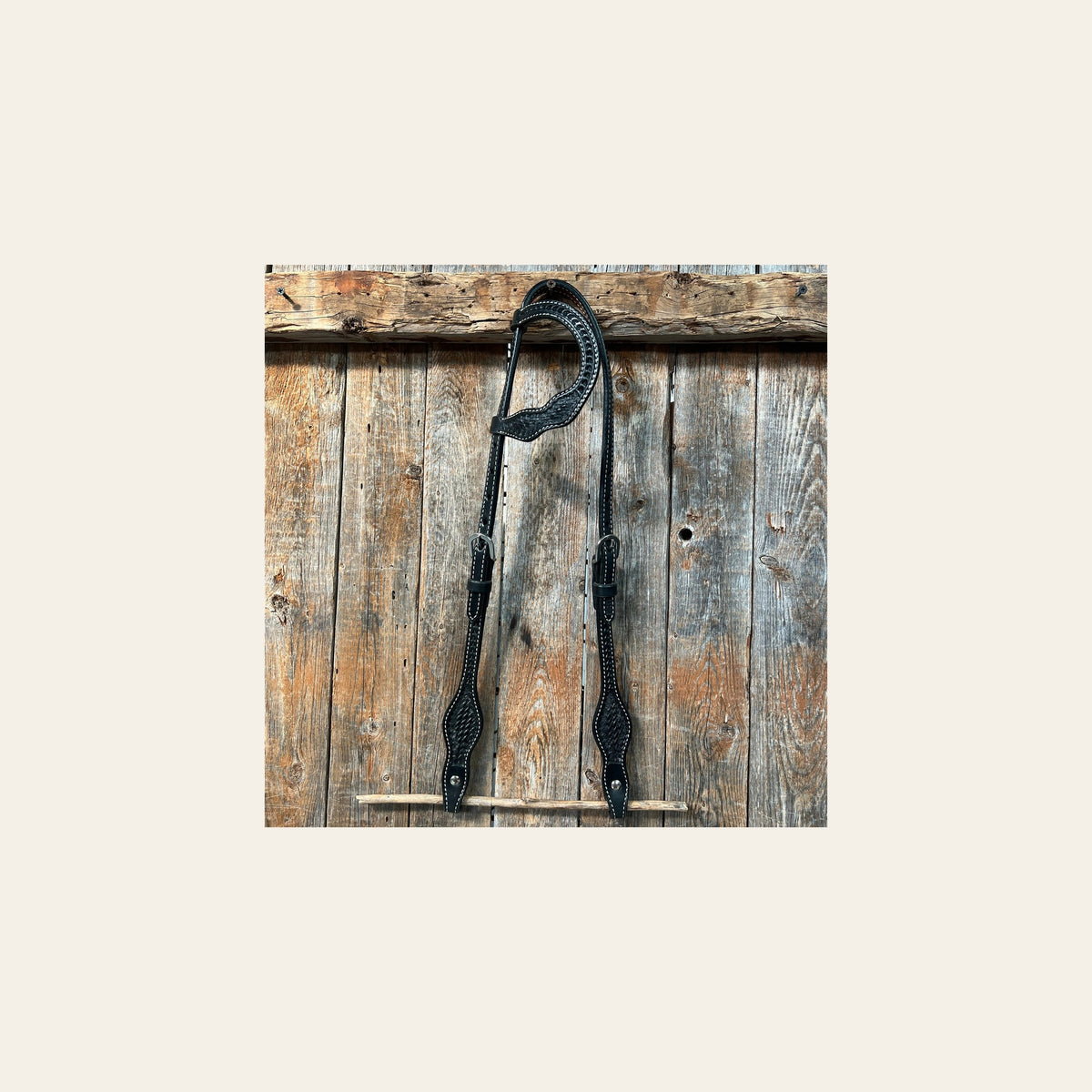 Basketweave Black One Ear Headstall / Bridle on a warm cream background