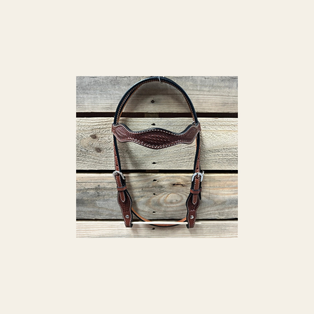 Medium Oil Cob - Gag Browband Headstall / Bridle- Short Cheeks on a warm cream background