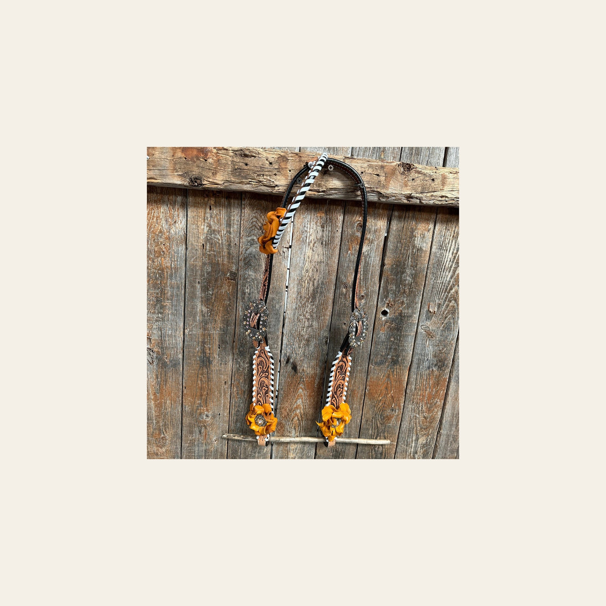 Whip Stitch One Ear Headstall / Bridle - Yellow Roses & European Conchos #OE286 on a warm cream background
