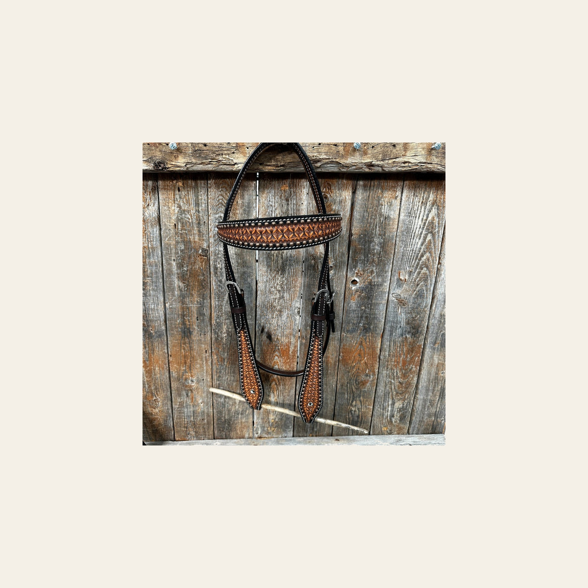 Two Tone Honeycomb Browband Headstall / Bridle #24329 on a warm cream background