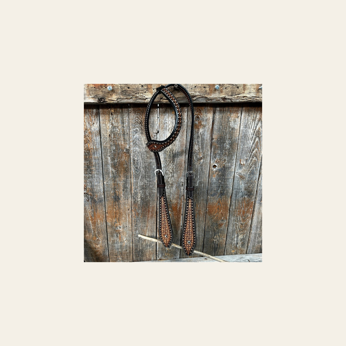 Two Tone Honeycomb One Ear Headstall / Bridle #24330 on a warm cream background