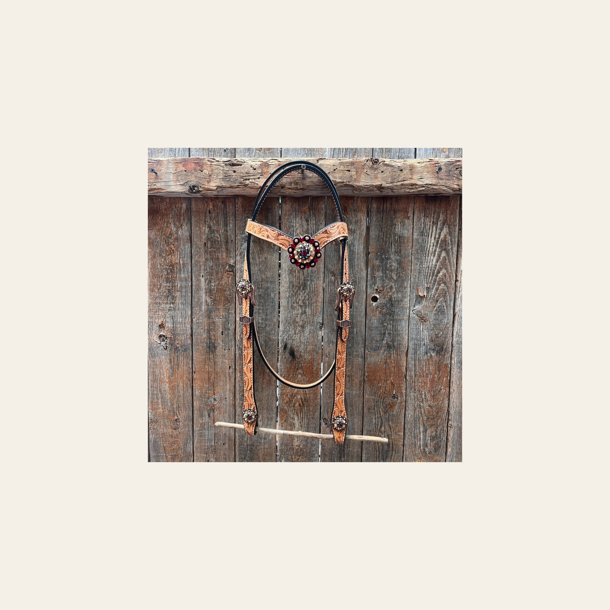 Floral Tooled V-Brow Headstall / Bridle #BB204 on a warm cream background