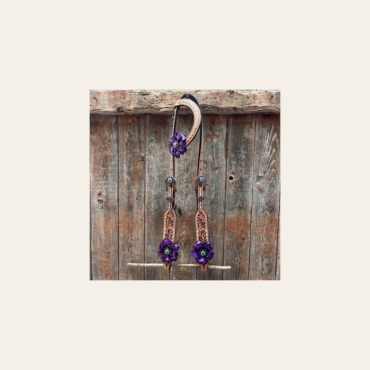 Silver Buckstitch One Ear Headstall / Bridle #OE109 on a warm cream background