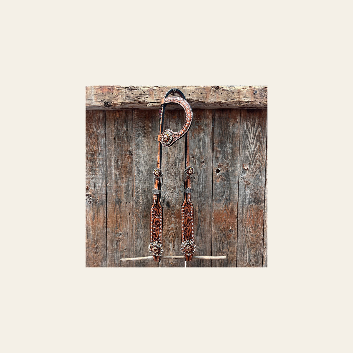 Buckstitch One Ear Headstall / Bridle #OE123 on a warm cream background
